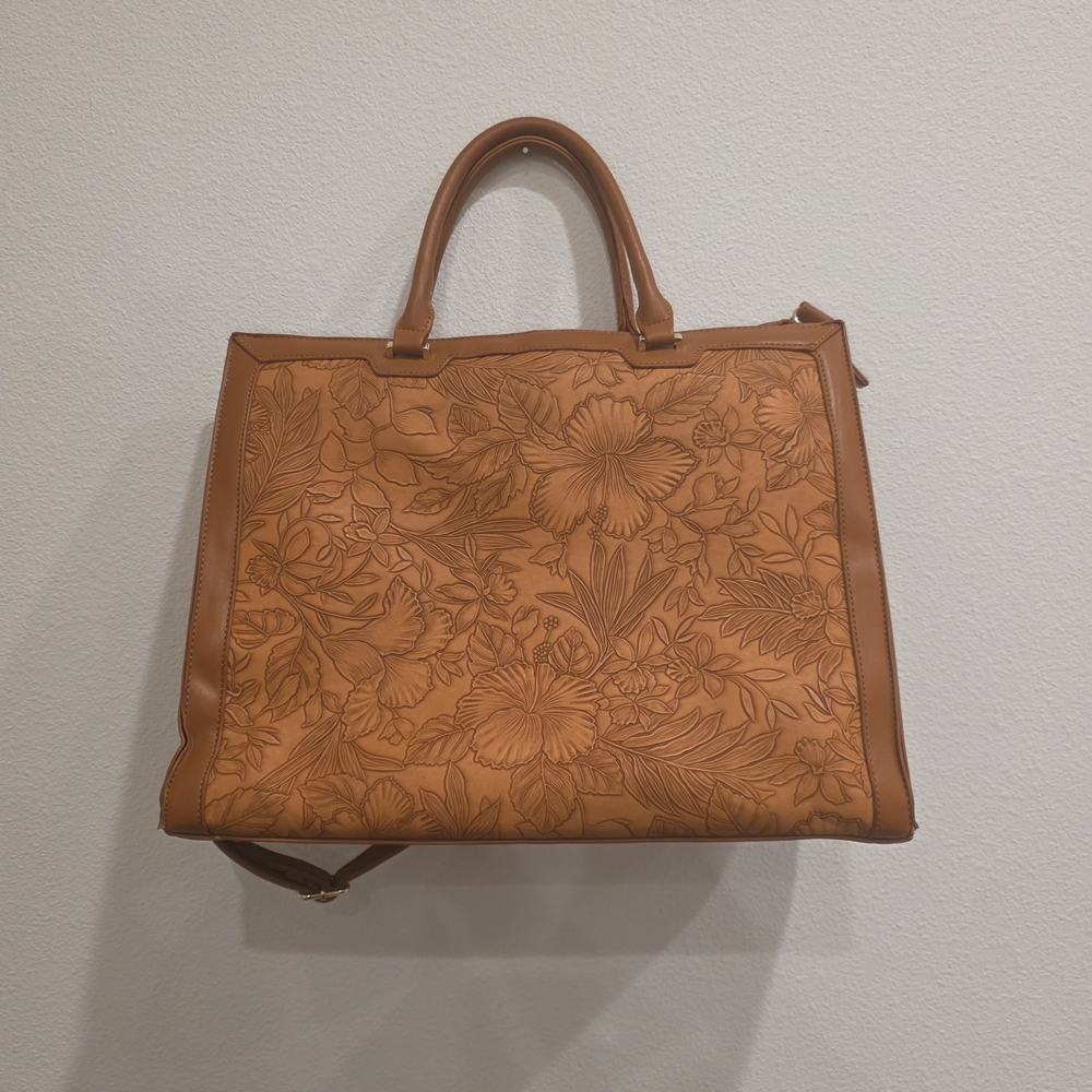Floral Carved Tan Tote Bag